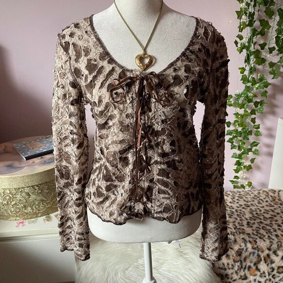 Avantgarde Brown and Cream Textured Lace Up Top - Picture 1 of 8